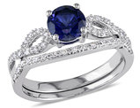1.00 Carat (ctw) Lab-Created Blue Sapphire Engagement Ring & Bridal Wedding Set with Diamond, 10K White Gold